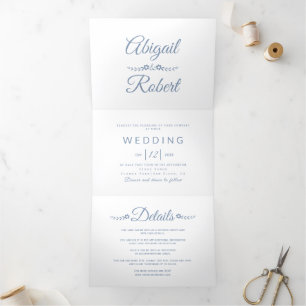 Invitación Tríptica Elegante boda fotográfico azul polvoriento, blanco