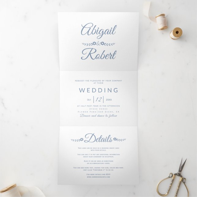 Invitación Tríptica Elegante boda fotográfico azul polvoriento, blanco (Interior)
