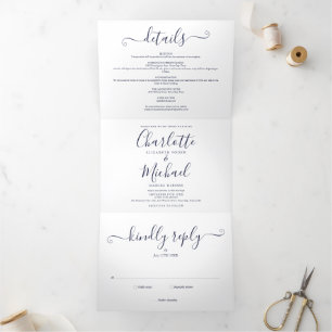 Invitación Tríptica Elegante Boda fotográfico de escritura azul de la