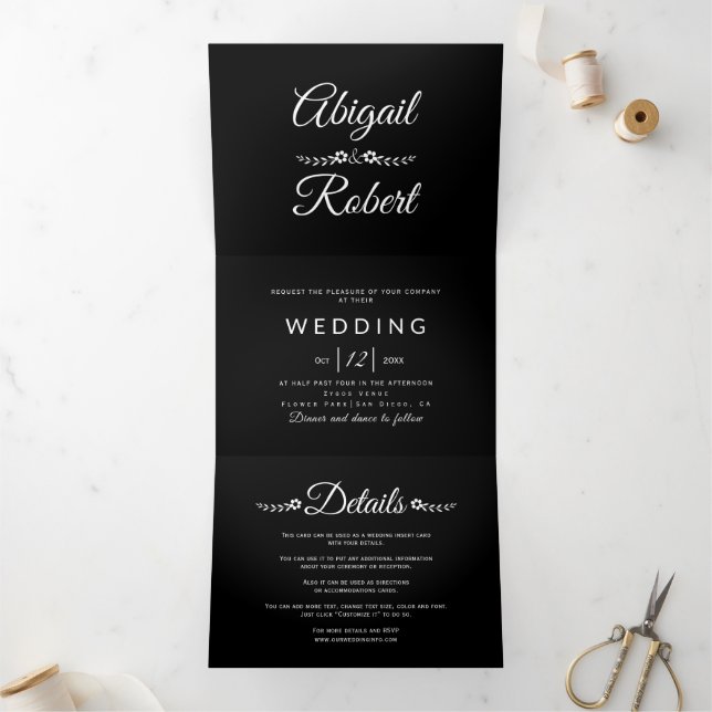 Invitación Tríptica Elegante boda fotográfico de tipografía en blanco  (Interior)