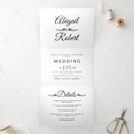 Invitación Tríptica Elegante boda fotográfico de tipografía en blanco