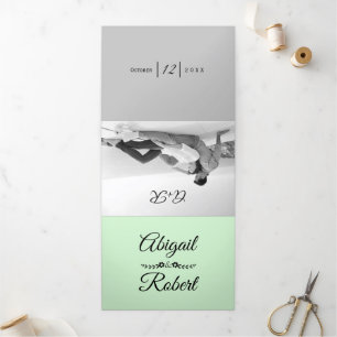 Invitación Tríptica Elegante boda fotográfico gris verde de la menta d