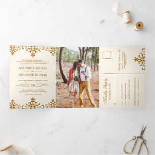 Invitación Tríptica Elegante Boda indio tradicional de Damasco marrón
