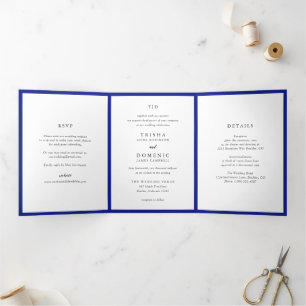 Invitación Tríptica Elegante boda moderna con monograma azul real