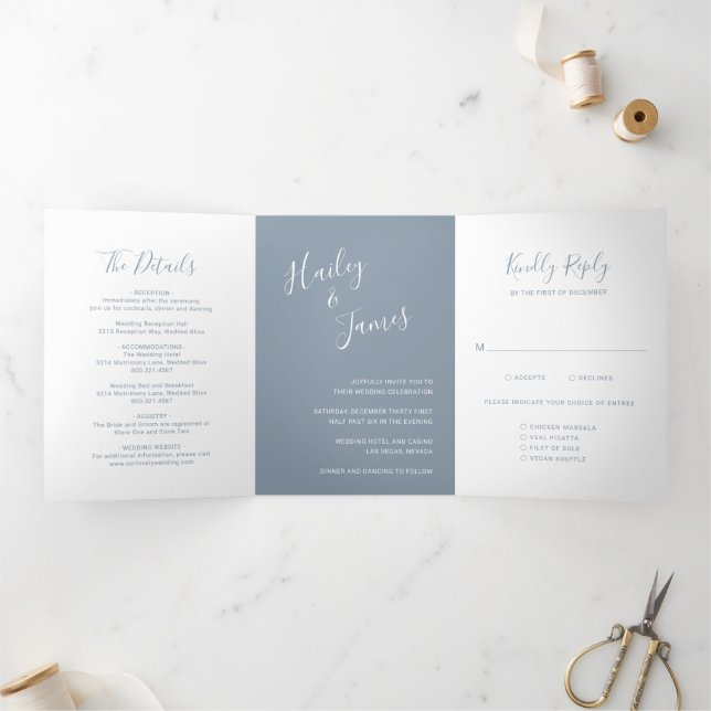 Invitación Tríptica Elegante Boda Moderna en Azul Polvoriento (Interior)