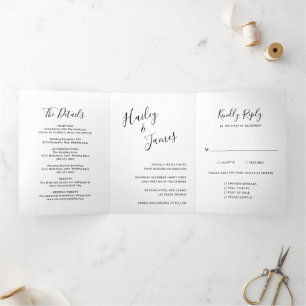 Invitación Tríptica Elegante Boda Moderna en Blanco y Negro