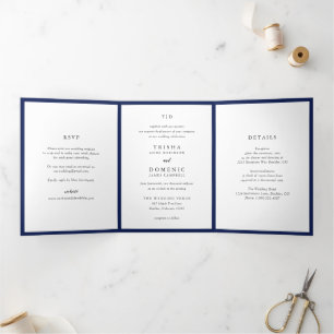 Invitación Tríptica Elegante Boda Moderna Monograma Azul Marino