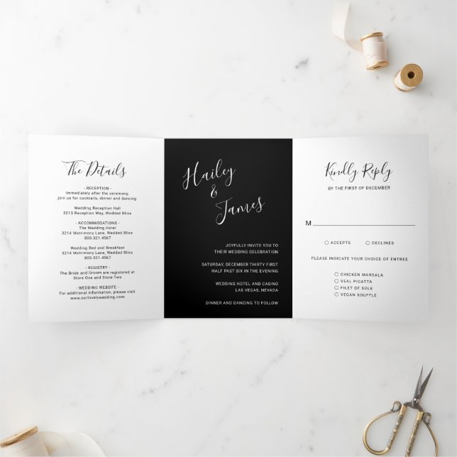 Invitación Tríptica Elegante Boda Moderna Negra (Interior)
