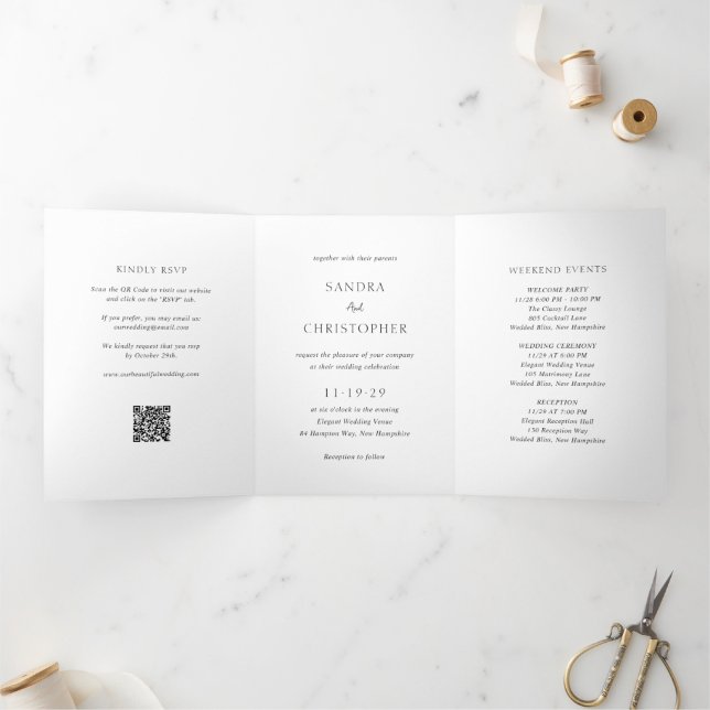 Invitación Tríptica Elegante Boda moderno de código QR en blanco y neg (Interior)