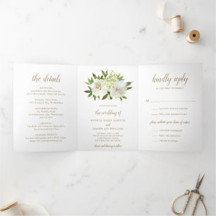 Invitación Tríptica Elegante Boda moderno floral blanca dorada