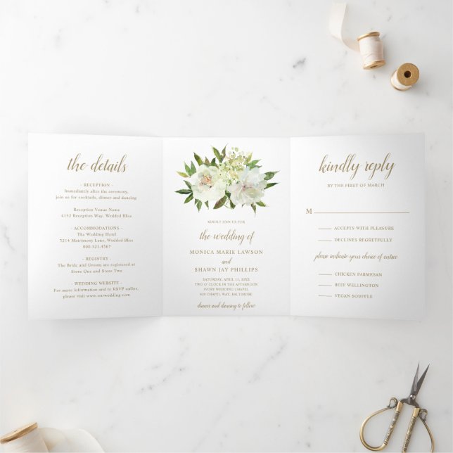 Invitación Tríptica Elegante Boda moderno floral blanca dorada (Interior)