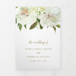 Invitación Tríptica Elegante Boda moderno floral blanca dorada