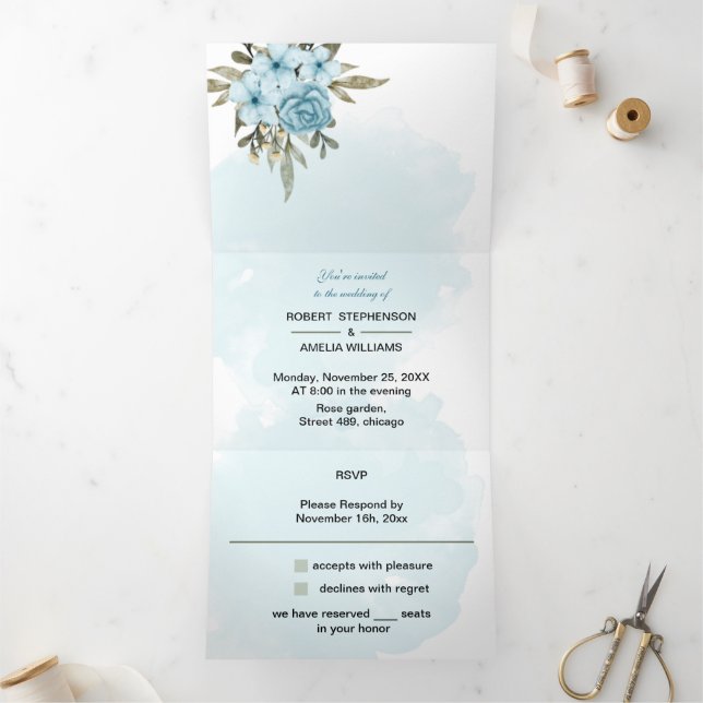Invitación Tríptica Elegante Boda personalizado de flor azul (Interior)