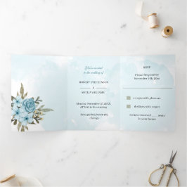 Invitación Tríptica Elegante Boda personalizado de flor azul