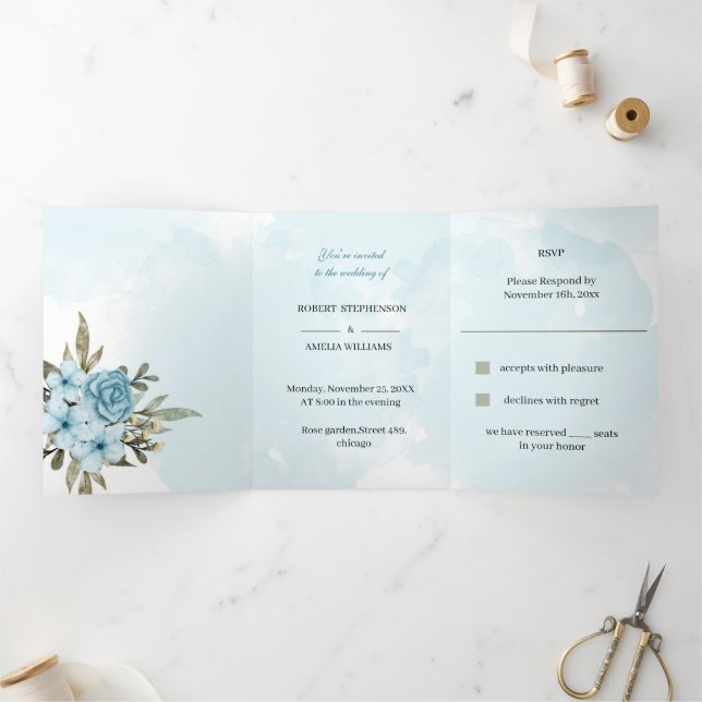 Invitación Tríptica Elegante Boda personalizado de flor azul (Interior)