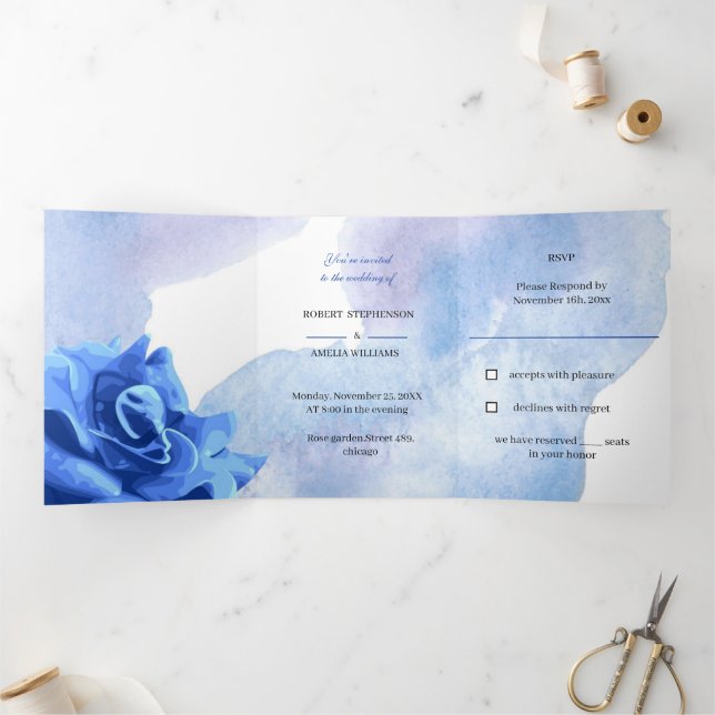 Invitación Tríptica Elegante Boda personalizado de flor azul (Interior)
