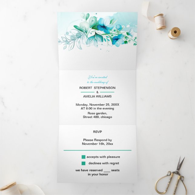Invitación Tríptica Elegante Boda personalizado de flor azul (Interior)