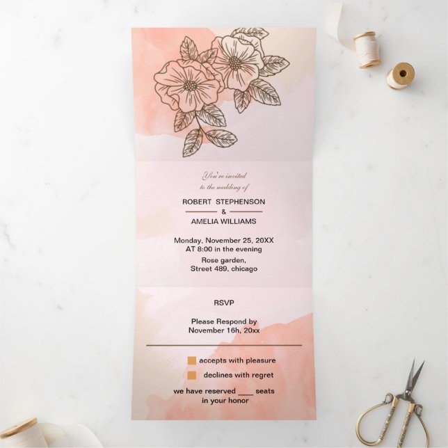 Invitación Tríptica Elegante Boda personalizado de flor marrón (Interior)