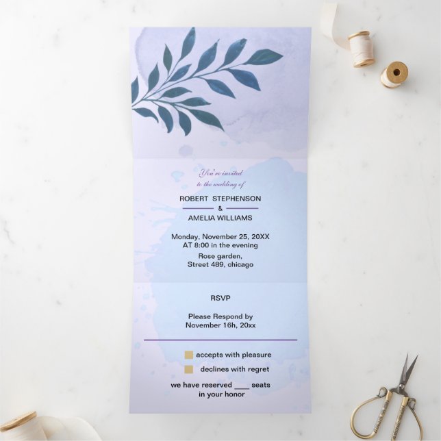 Invitación Tríptica Elegante Boda personalizado estético azul (Interior)