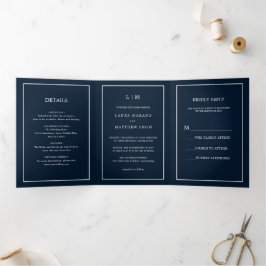 Invitación Tríptica Elegante Boda simple monograma azul de la marina m