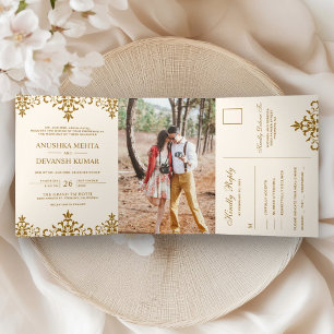 Invitación Tríptica Elegante boda tradicional india de Damasco marrón