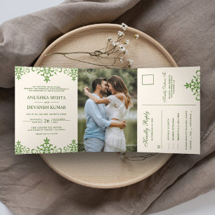 Invitación Tríptica Elegante boda tradicional india en verde damasco
