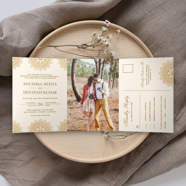 Invitación Tríptica Elegante Boda Tradicional India Mandala Marrón (Subido por el creador)