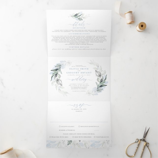 Invitación Tríptica Elegante Boda verde azul y sabio (Interior)