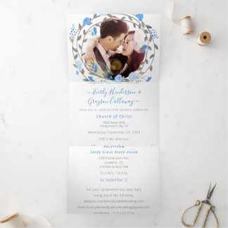 Invitación Tríptica Elegante Bodas Florales de Peonía Azul 