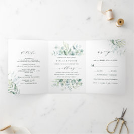 Invitación Tríptica Elegante caligrafía Boda de follaje verde