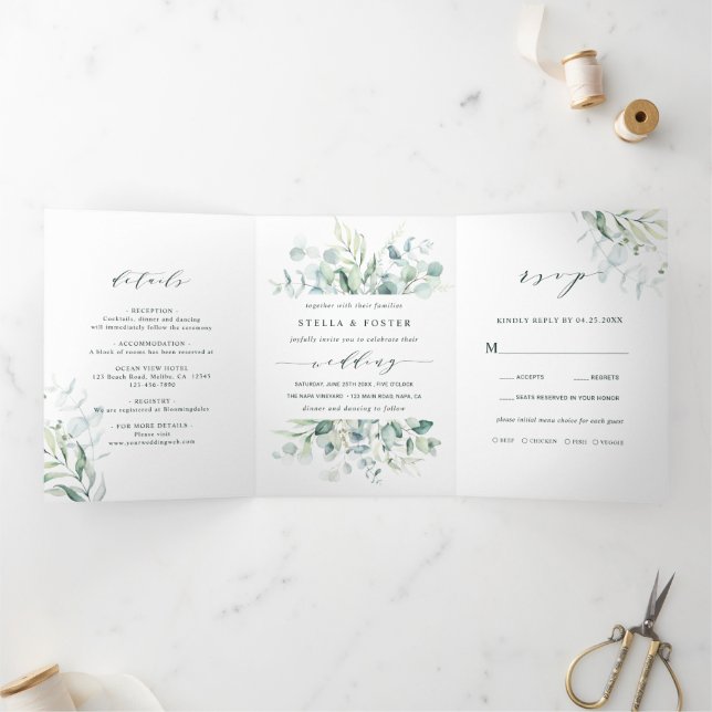 Invitación Tríptica Elegante caligrafía Boda de follaje verde (Interior)