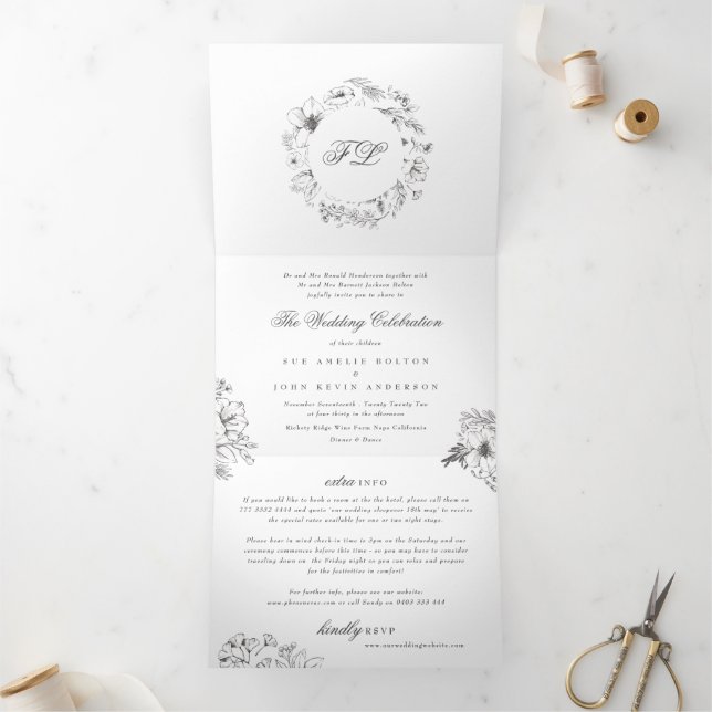 Invitación Tríptica Elegante caligrafía simple monograma Boda floral (Interior)