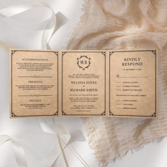 Invitación Tríptica Elegante Clásico Rústico Boda con Monograma Kraft (Subido por el creador)