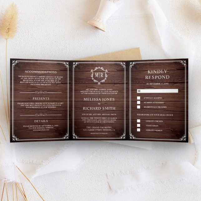 Invitación Tríptica Elegante Clásico Rustico Granero Madera Monograma  (Subido por el creador)