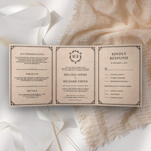 Invitación Tríptica Elegante Clásico Rústico Monograma de Arpillera Bo (Subido por el creador)