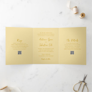 Invitación Tríptica Elegante código QR amarillo a la mantequilla boda