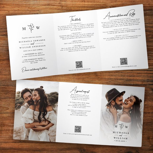 Invitación Tríptica Elegante Código QR Botánico Todo en Uno para Bodas (Subido por el creador)