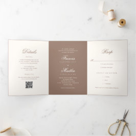 Invitación Tríptica Elegante Código QR de Boda Romántica Marrón