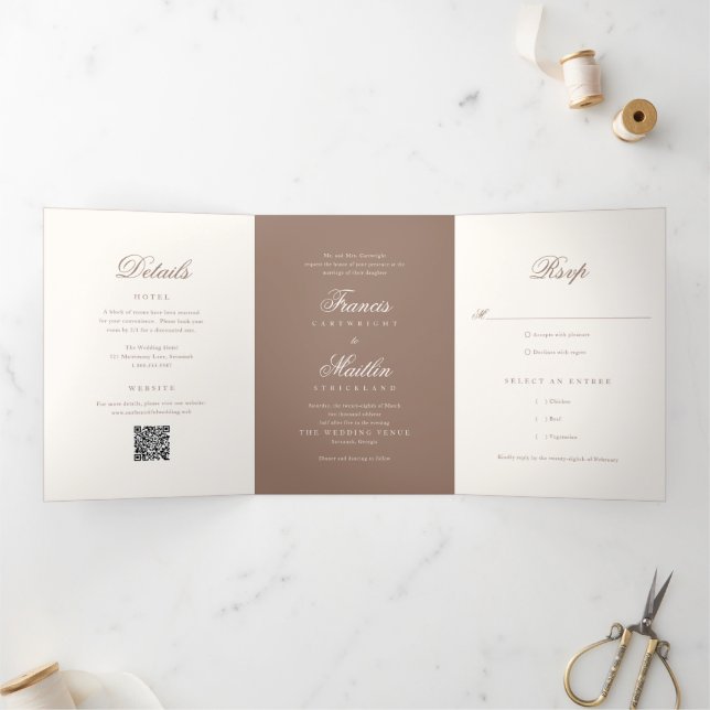 Invitación Tríptica Elegante Código QR de Boda Romántica Marrón (Interior)