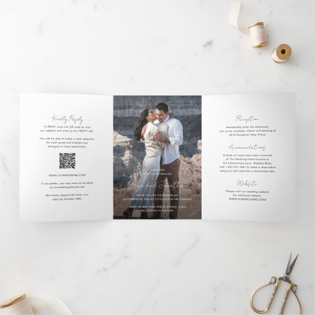 Invitación Tríptica Elegante código QR de foto de boda moderna (Interior)