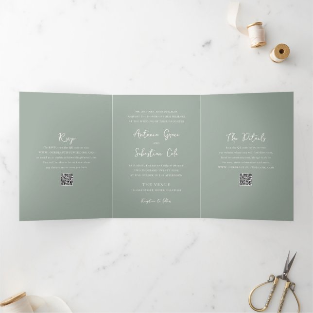 Invitación Tríptica Elegante código QR verde sabio boda moderna (Interior)