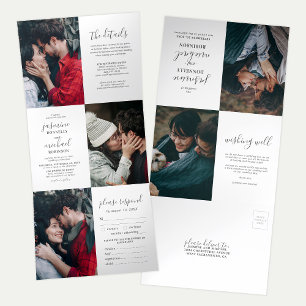 Invitación Tríptica Elegante Colage de Fotos de Boda Todo en Uno
