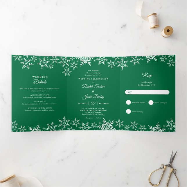 Invitación Tríptica Elegante copo de nieve Navidades verdes boda de in (Interior)