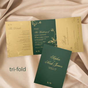 Invitación Tríptica Elegante detalles formales de boda de oro verde RS