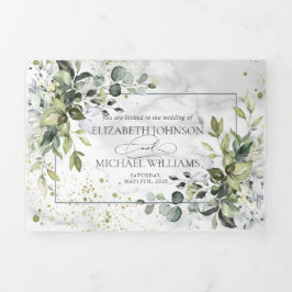 Invitación Tríptica Elegante Dusty Azul Eucalipto Mármol verde