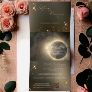 Invitación Tríptica Elegante Eclipse Solar Sepia Foto Personalizada de