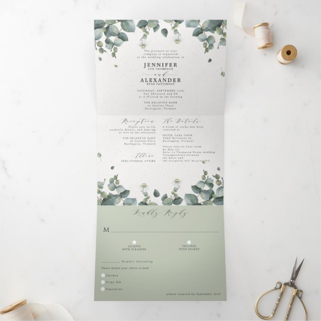 Invitación Tríptica Elegante eucalipto Todo en un Boda Tri-Fold Inv (Interior)
