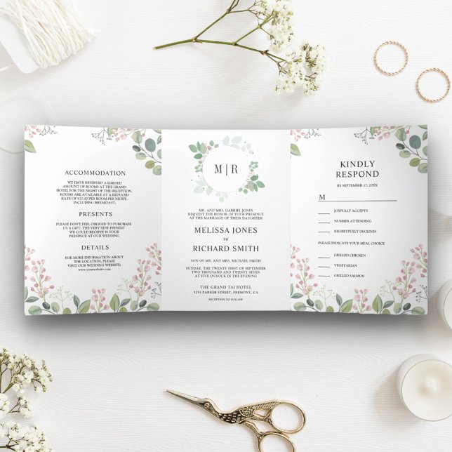 Invitación Tríptica Elegante eucalipto Verdor todo en un Boda (Subido por el creador)