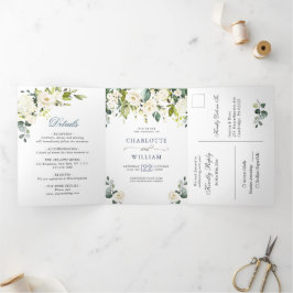 Invitación Tríptica Elegante Eucalyptus Boda de Rosas Blancas Marfil