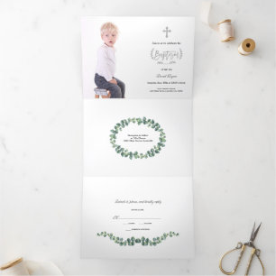 Invitación Tríptica Elegante Eucalyptus Greenery Boy Photo Baptism